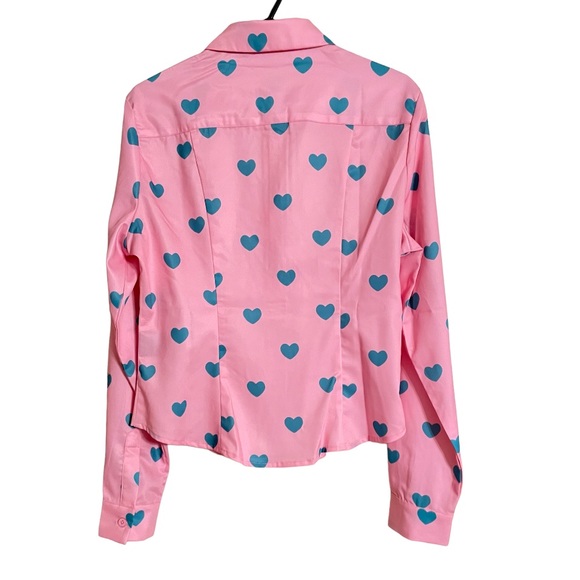 Lazy Oaf Heart Print Button Up Shirt Blouse 12 Pink Blue Girly Feminine Love - Picture 4 of 8
